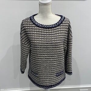 St John Couture Textured Stripe Knit Sweater in Cream and Navy